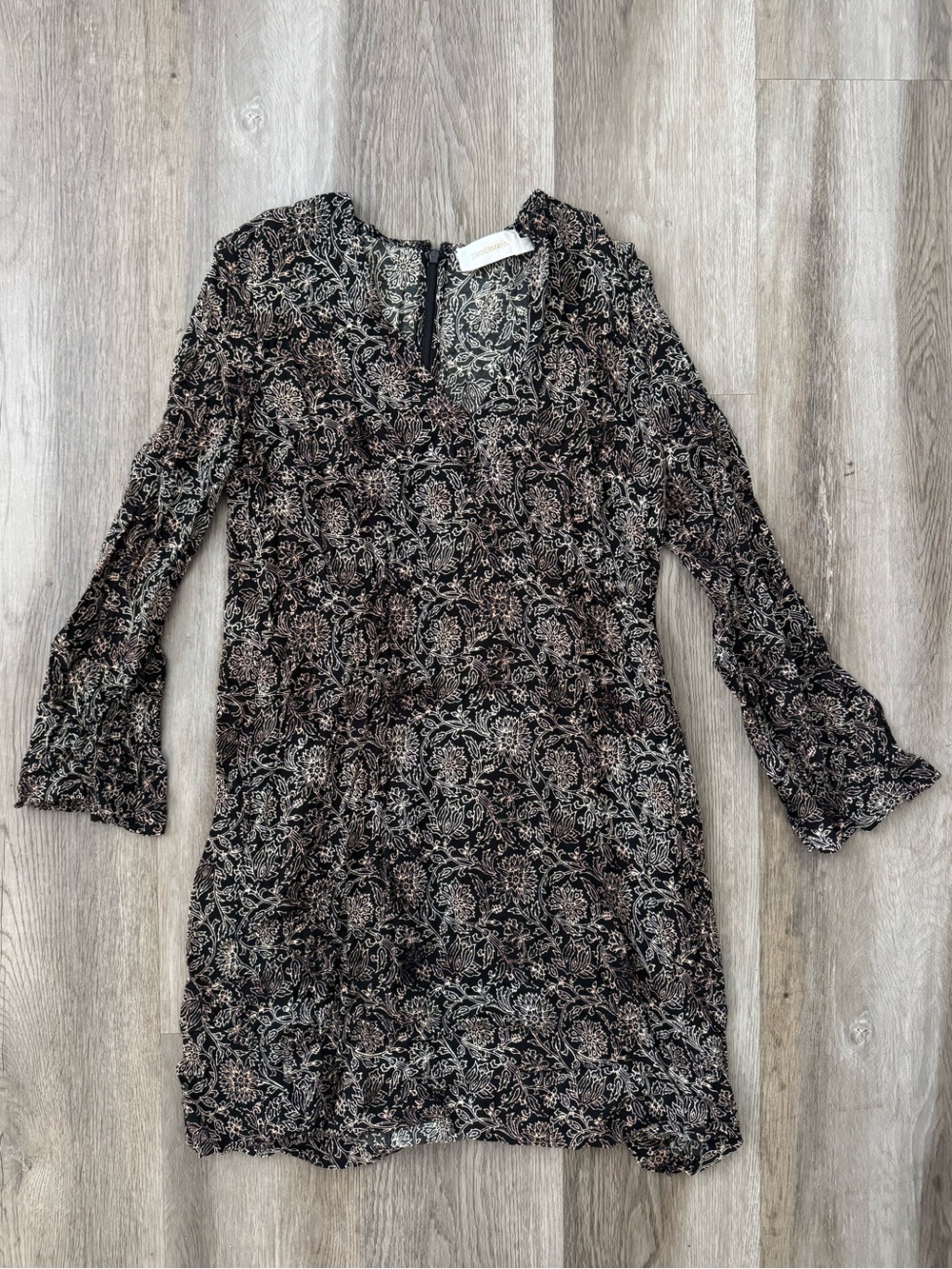 Zimmermann Black Floral Bell Sleeve Mini Dress 1 / S